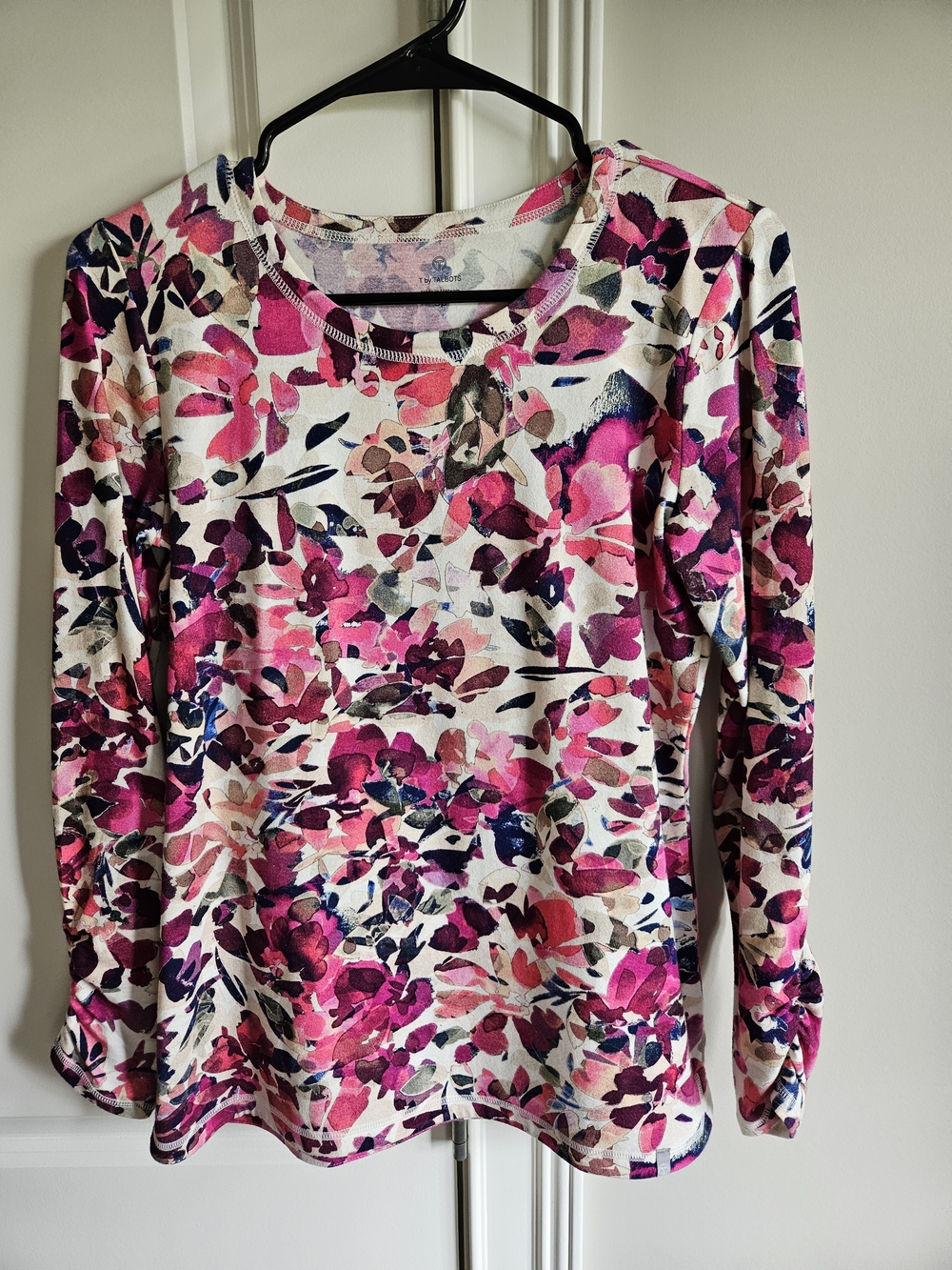 Talbots Floral Crewneck Long Sleeve Top - Pink, Navy, Cream